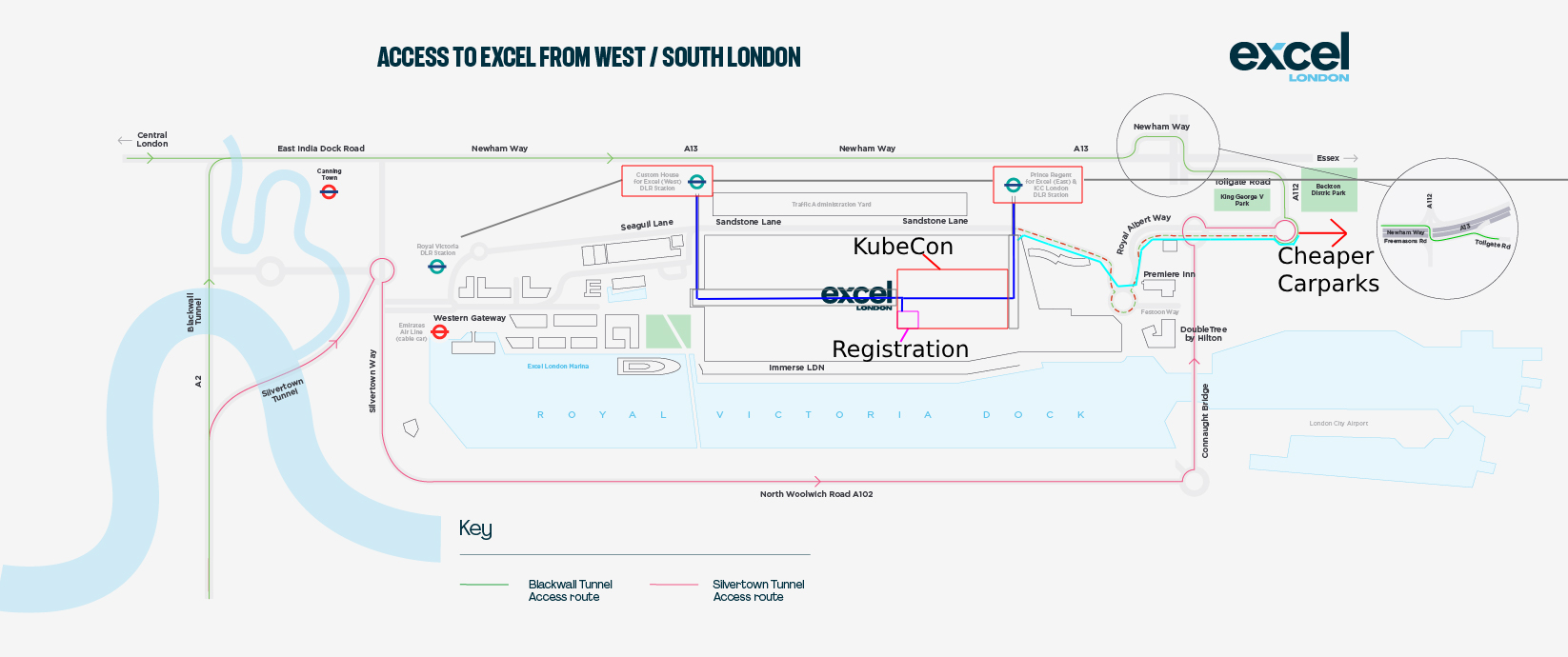 Map of the Excel Centre with the transport links annotated