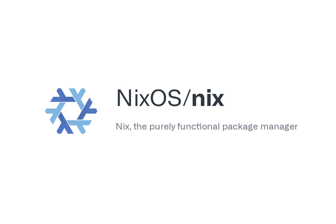 The Nix logo (snowflake made of 6 lamdas alternating between dark and light blue) with the GitHub organisation and repository "NixOS/nix" and the description "Nix, the purely functional package manager".